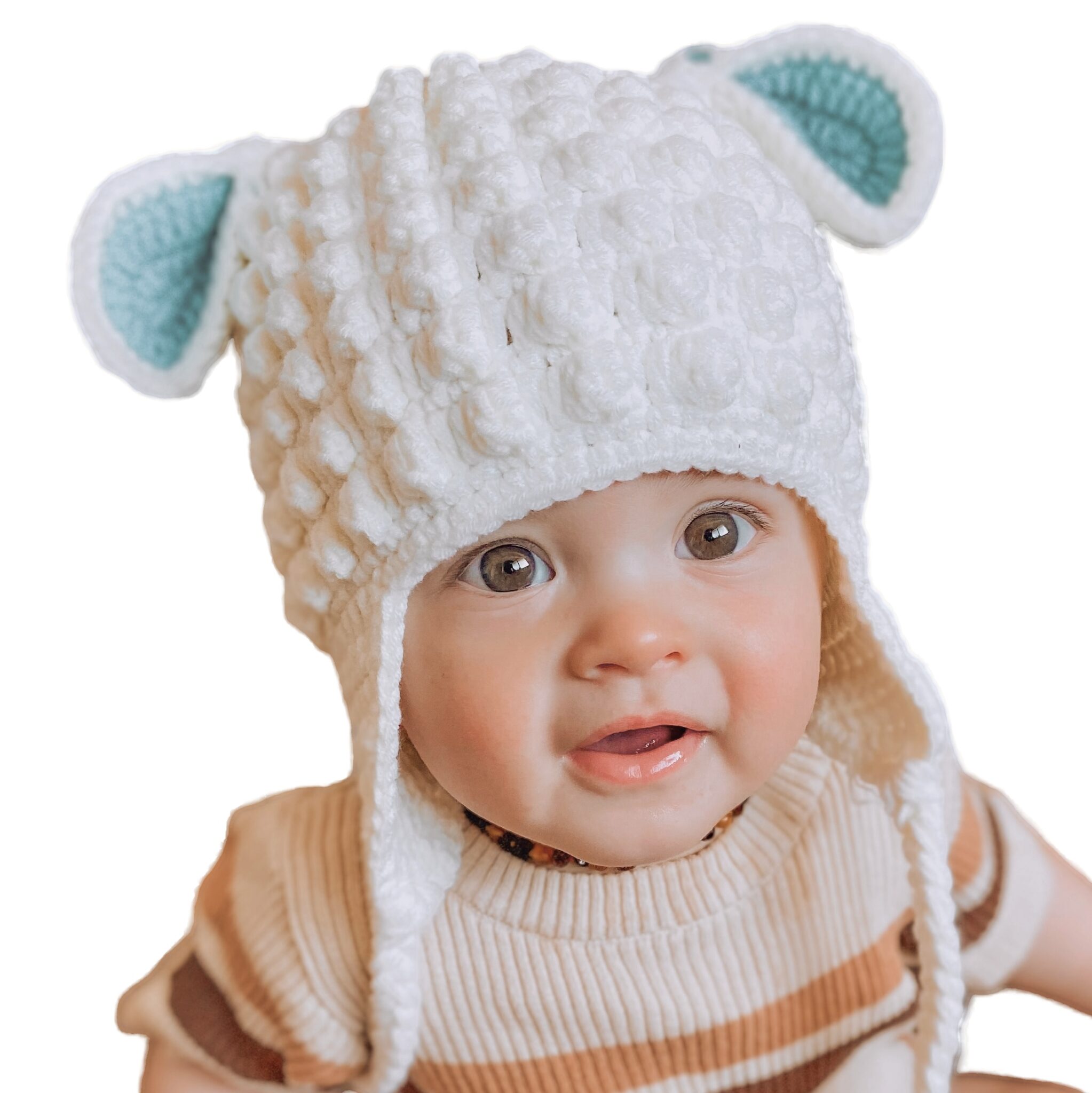 Handmade Crochet Beanie Lamb with Baby Blue Ears Tinker Tot Baby